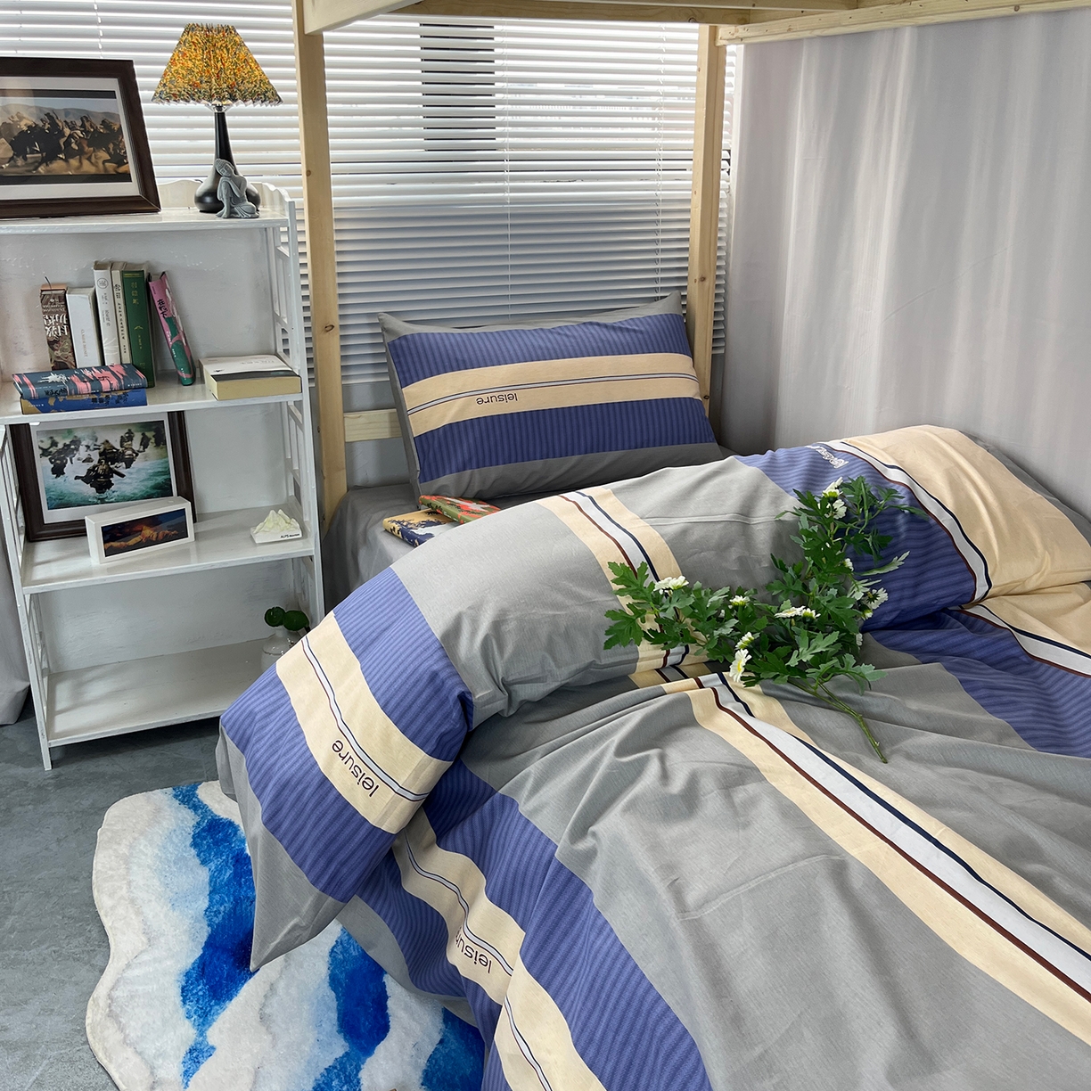 91家纺网 家纺一手货源 找家纺 云梦2025新款全棉印花学生宿舍套件 极光简韵