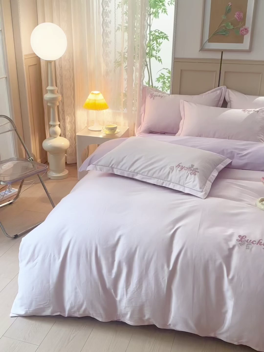 91家纺网 家纺一手货源 找家纺 登登家纺 2025新款A类长绒棉刺绣四件套-卡通 兔熊-粉紫