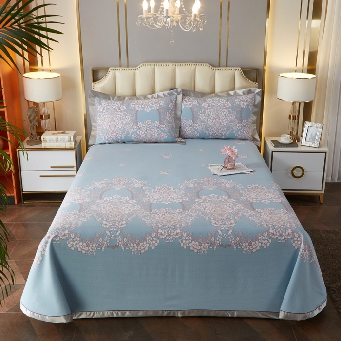 91家纺网 家纺一手货源 找家纺 威克凯丽 2025新款活性印花款纯竹纤维软凉席三件套 轻诗漫语-兰