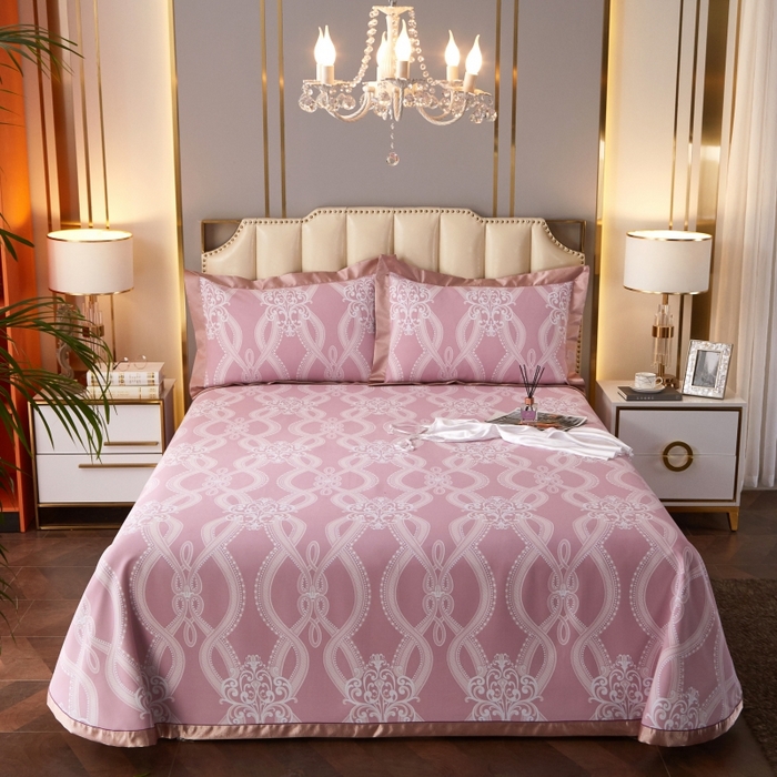 威克凯丽 2025新款活性印花款纯竹纤维软凉席三件套 爱瑞斯-粉