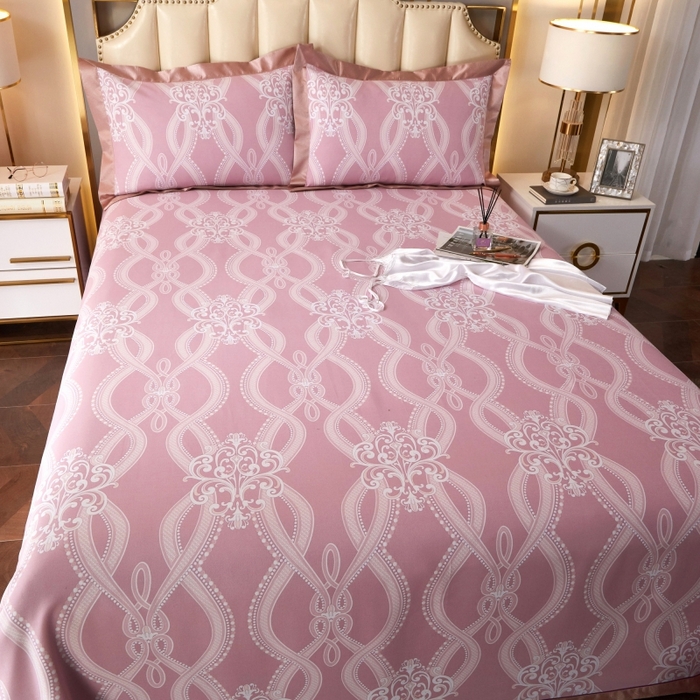 91家纺网 家纺一手货源 找家纺 威克凯丽 2025新款活性印花款纯竹纤维软凉席三件套 爱瑞斯-粉