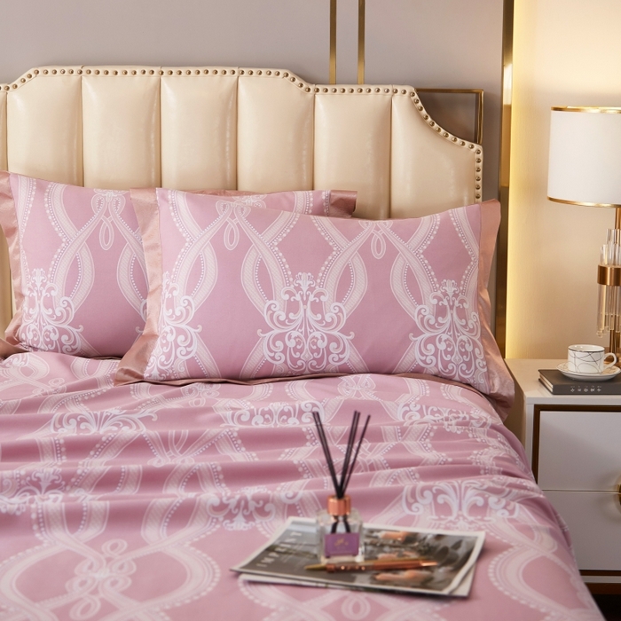 91家纺网 家纺一手货源 找家纺 威克凯丽 2025新款活性印花款纯竹纤维软凉席三件套 爱瑞斯-粉