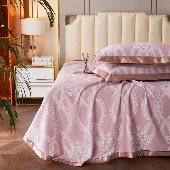 91家纺网 家纺一手货源 找家纺 威克凯丽 2025新款活性印花款纯竹纤维软凉席三件套 爱瑞斯-粉