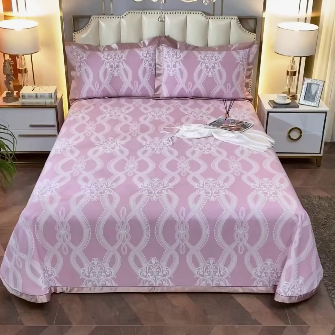 91家纺网 家纺一手货源 找家纺 威克凯丽 2025新款活性印花款纯竹纤维软凉席三件套 爱瑞斯-粉