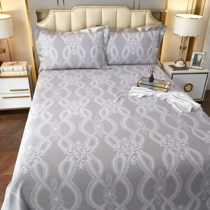 91家纺网 家纺一手货源 找家纺 威克凯丽 2025新款活性印花款纯竹纤维软凉席三件套 爱瑞斯-灰