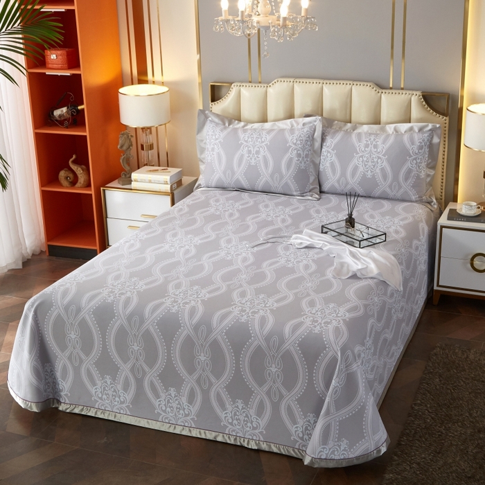 91家纺网 家纺一手货源 找家纺 威克凯丽 2025新款活性印花款纯竹纤维软凉席三件套 爱瑞斯-灰