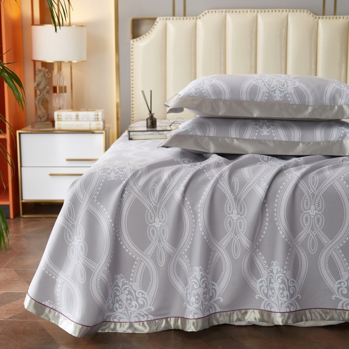 91家纺网 家纺一手货源 找家纺 威克凯丽 2025新款活性印花款纯竹纤维软凉席三件套 爱瑞斯-灰