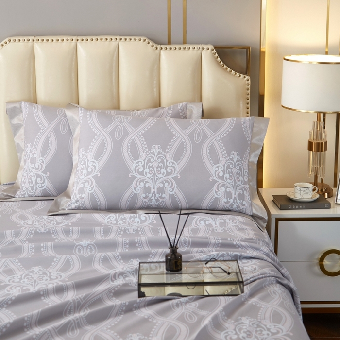 91家纺网 家纺一手货源 找家纺 威克凯丽 2025新款活性印花款纯竹纤维软凉席三件套 爱瑞斯-灰