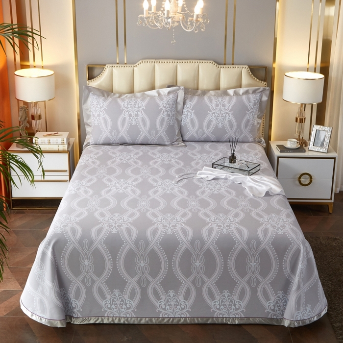 91家纺网 家纺一手货源 找家纺 威克凯丽 2025新款活性印花款纯竹纤维软凉席三件套 爱瑞斯-灰