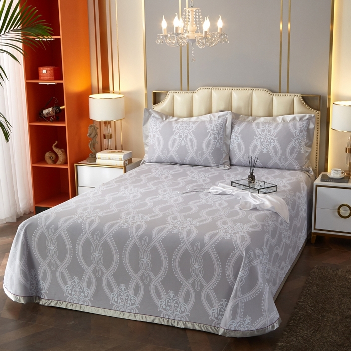 91家纺网 家纺一手货源 找家纺 威克凯丽 2025新款活性印花款纯竹纤维软凉席三件套 爱瑞斯-灰