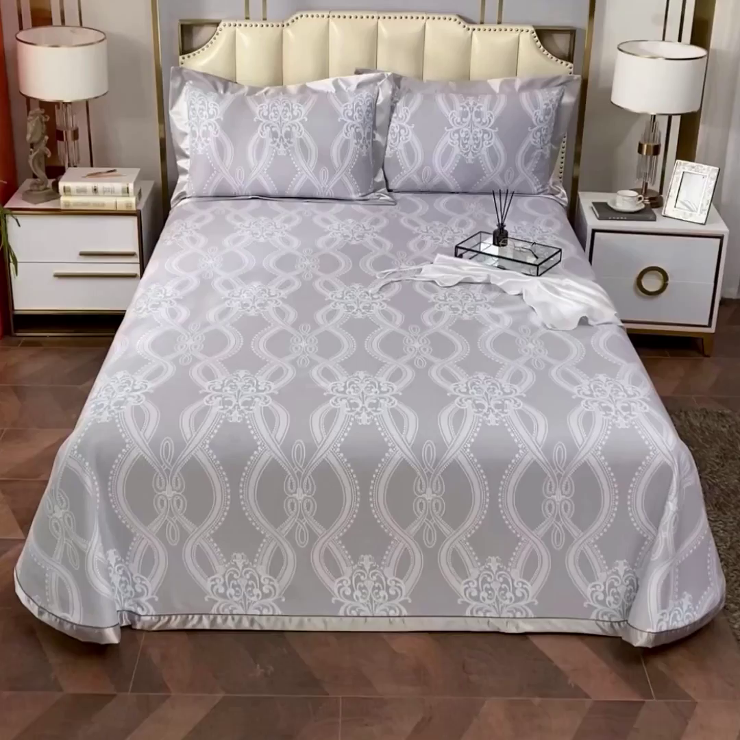 91家纺网 家纺一手货源 找家纺 威克凯丽 2025新款活性印花款纯竹纤维软凉席三件套 爱瑞斯-灰