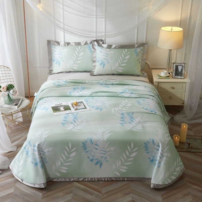 91家纺网 家纺一手货源 找家纺 威克凯丽 2025新款活性印花款纯竹纤维软凉席三件套 扶春-绿