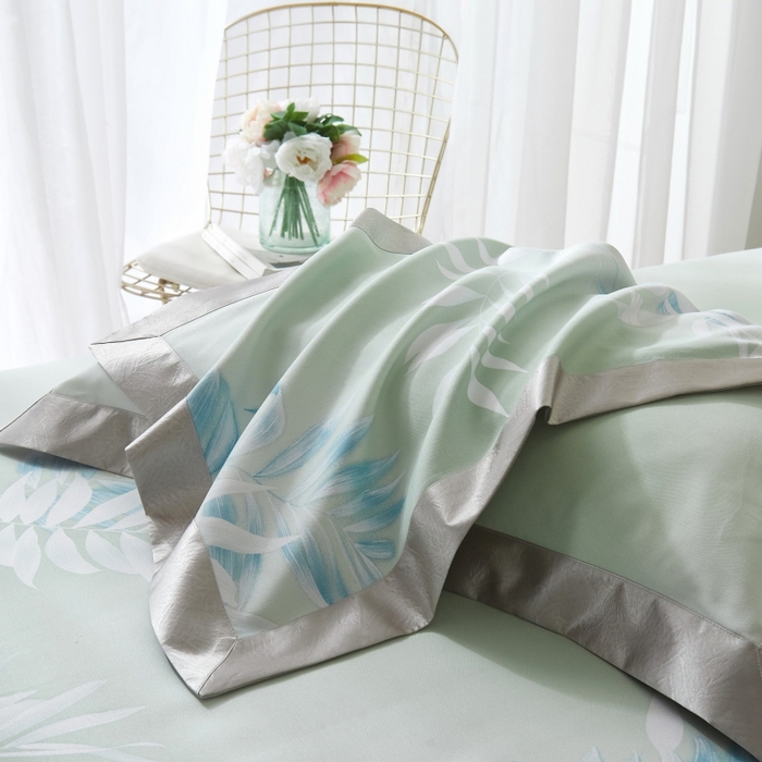 91家纺网 家纺一手货源 找家纺 威克凯丽 2025新款活性印花款纯竹纤维软凉席三件套 扶春-绿