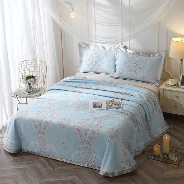 91家纺网 家纺一手货源 找家纺 威克凯丽 2025新款活性印花款纯竹纤维软凉席三件套 罗密花径-兰