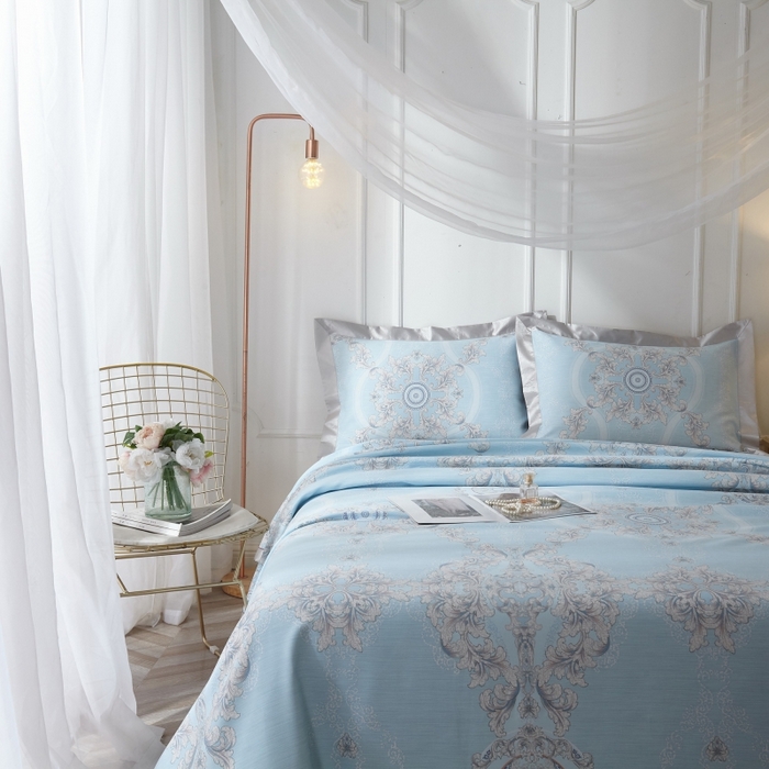 91家纺网 家纺一手货源 找家纺 威克凯丽 2025新款活性印花款纯竹纤维软凉席三件套 罗密花径-兰