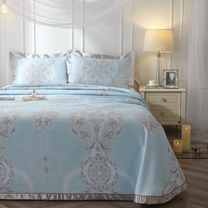 91家纺网 家纺一手货源 找家纺 威克凯丽 2025新款活性印花款纯竹纤维软凉席三件套 罗密花径-兰