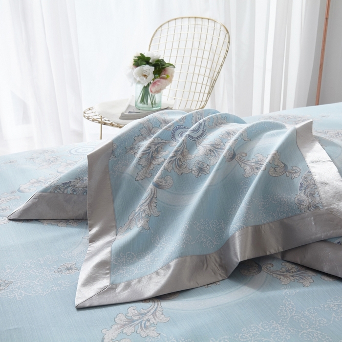 91家纺网 家纺一手货源 找家纺 威克凯丽 2025新款活性印花款纯竹纤维软凉席三件套 罗密花径-兰