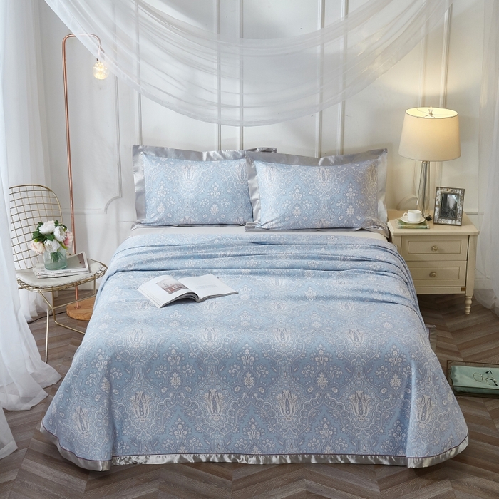 91家纺网 家纺一手货源 找家纺 威克凯丽 2025新款活性印花款纯竹纤维软凉席三件套 梦伊莎