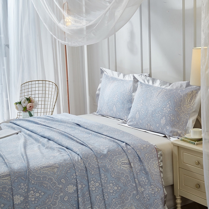 91家纺网 家纺一手货源 找家纺 威克凯丽 2025新款活性印花款纯竹纤维软凉席三件套 梦伊莎