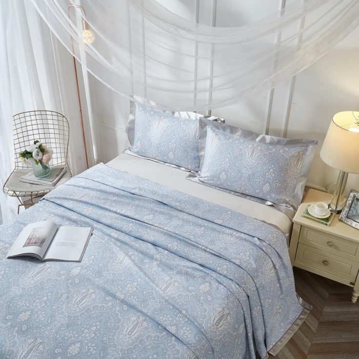 91家纺网 家纺一手货源 找家纺 威克凯丽 2025新款活性印花款纯竹纤维软凉席三件套 梦伊莎