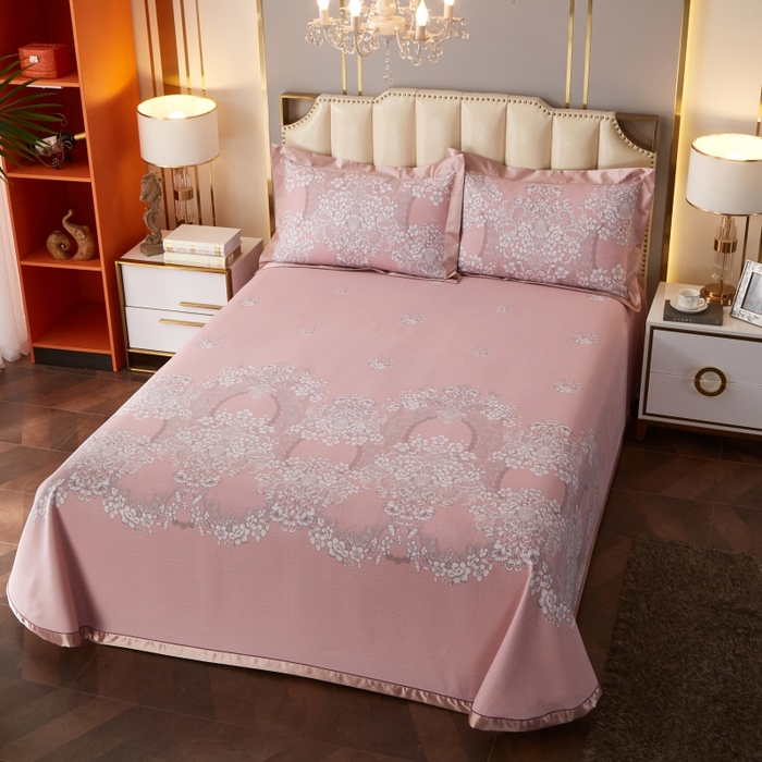 91家纺网 家纺一手货源 找家纺 威克凯丽 2025新款活性印花款纯竹纤维软凉席三件套 轻诗漫语-粉