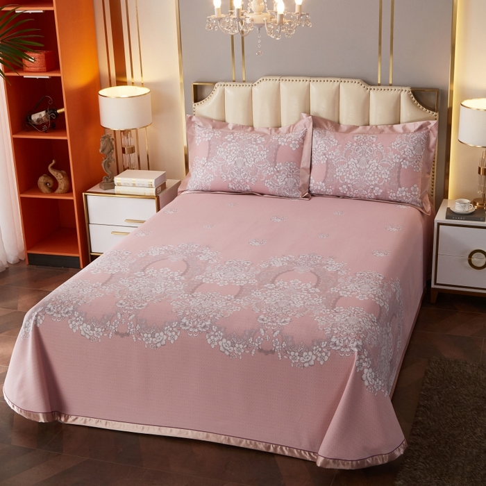 91家纺网 家纺一手货源 找家纺 威克凯丽 2025新款活性印花款纯竹纤维软凉席三件套 轻诗漫语-粉