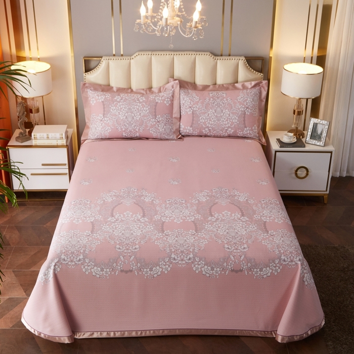 91家纺网 家纺一手货源 找家纺 威克凯丽 2025新款活性印花款纯竹纤维软凉席三件套 轻诗漫语-粉