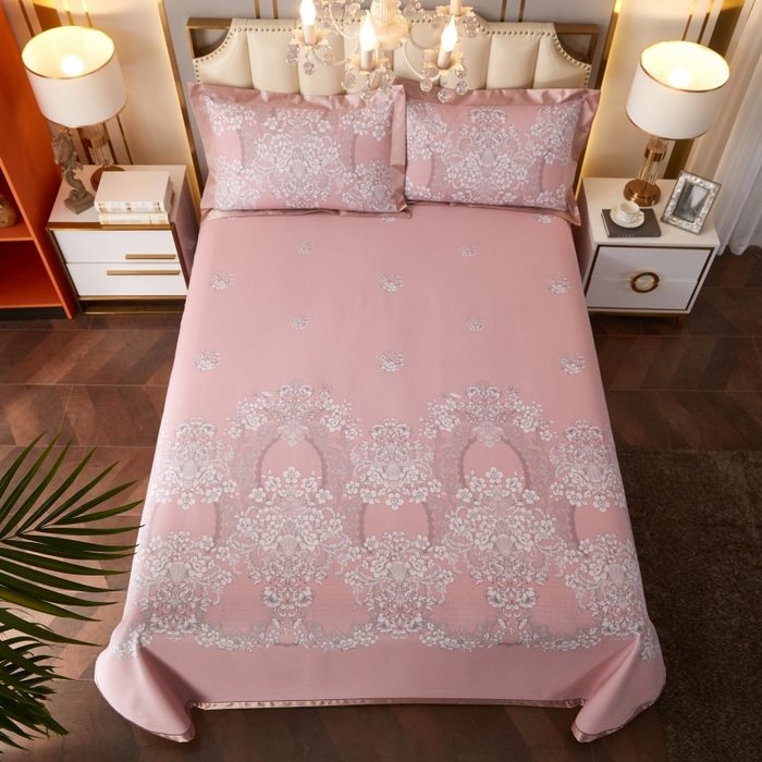 91家纺网 家纺一手货源 找家纺 威克凯丽 2025新款活性印花款纯竹纤维软凉席三件套 轻诗漫语-粉