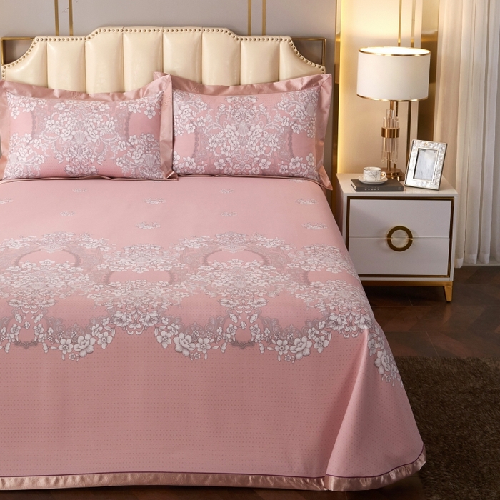 91家纺网 家纺一手货源 找家纺 威克凯丽 2025新款活性印花款纯竹纤维软凉席三件套 轻诗漫语-粉