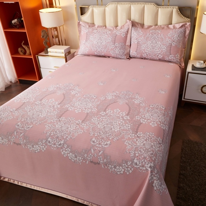 91家纺网 家纺一手货源 找家纺 威克凯丽 2025新款活性印花款纯竹纤维软凉席三件套 轻诗漫语-粉