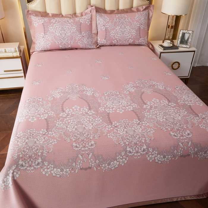 91家纺网 家纺一手货源 找家纺 威克凯丽 2025新款活性印花款纯竹纤维软凉席三件套 轻诗漫语-粉
