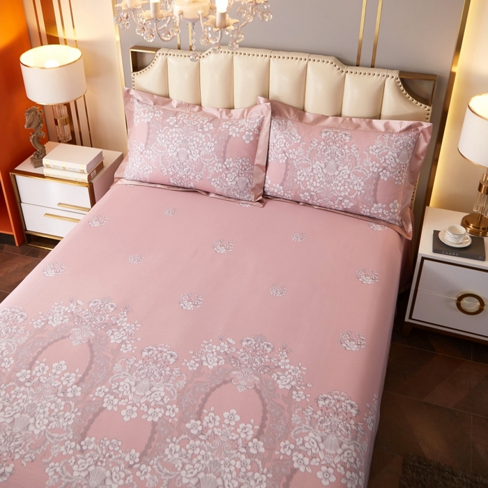 91家纺网 家纺一手货源 找家纺 威克凯丽 2025新款活性印花款纯竹纤维软凉席三件套 轻诗漫语-粉