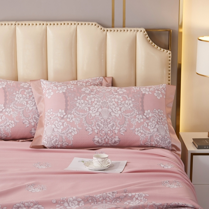 91家纺网 家纺一手货源 找家纺 威克凯丽 2025新款活性印花款纯竹纤维软凉席三件套 轻诗漫语-粉