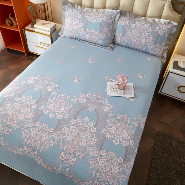 91家纺网 家纺一手货源 找家纺 威克凯丽 2025新款活性印花款纯竹纤维软凉席三件套 轻诗漫语-兰