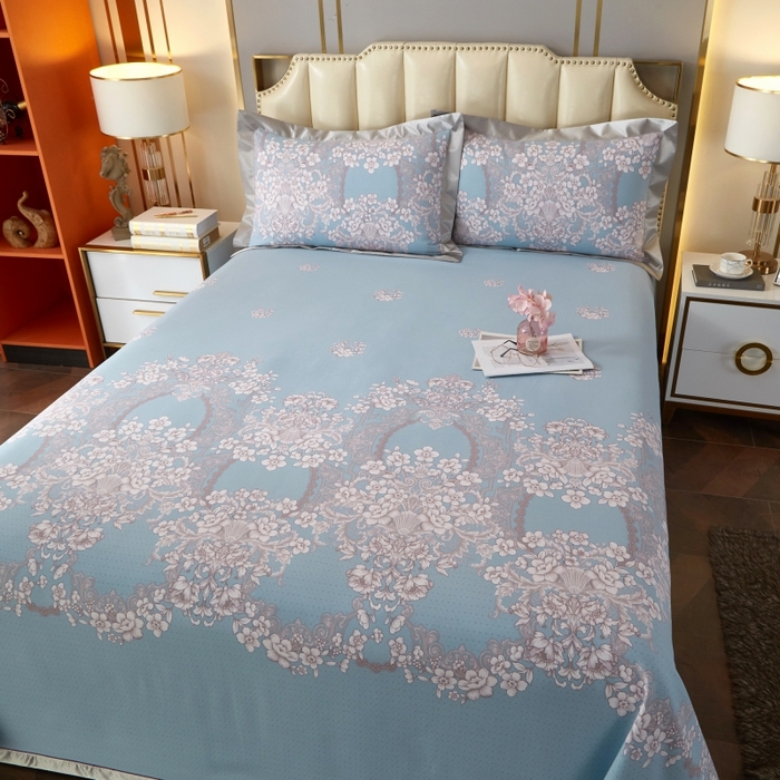 91家纺网 家纺一手货源 找家纺 威克凯丽 2025新款活性印花款纯竹纤维软凉席三件套 轻诗漫语-兰