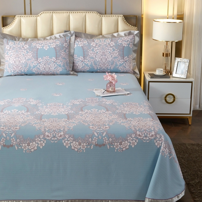 91家纺网 家纺一手货源 找家纺 威克凯丽 2025新款活性印花款纯竹纤维软凉席三件套 轻诗漫语-兰