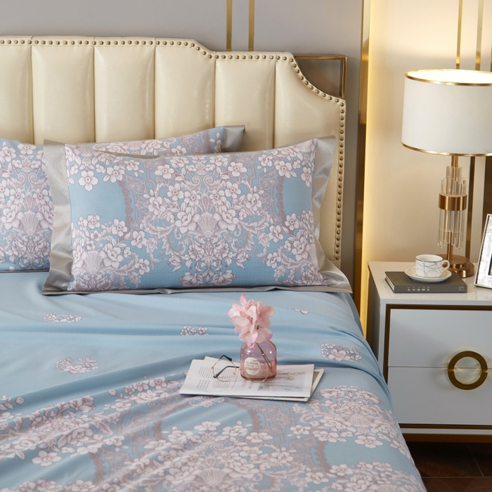 91家纺网 家纺一手货源 找家纺 威克凯丽 2025新款活性印花款纯竹纤维软凉席三件套 轻诗漫语-兰