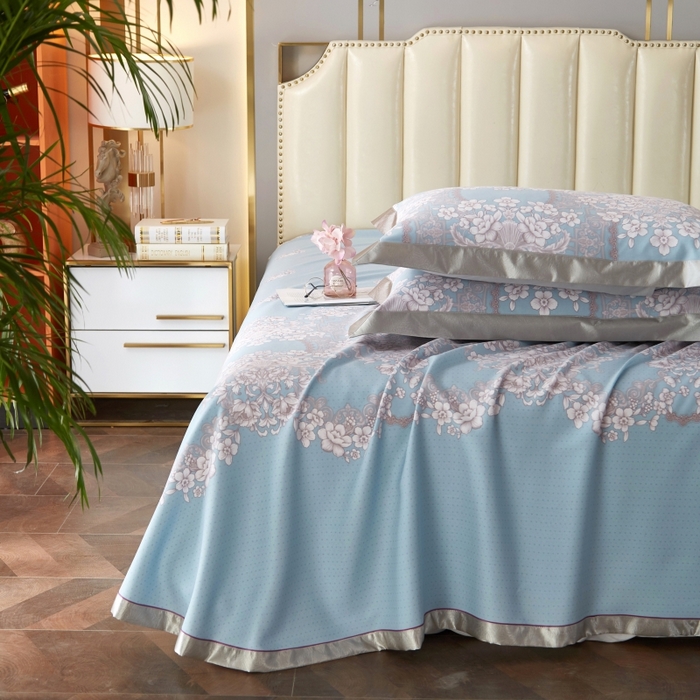 91家纺网 家纺一手货源 找家纺 威克凯丽 2025新款活性印花款纯竹纤维软凉席三件套 轻诗漫语-兰