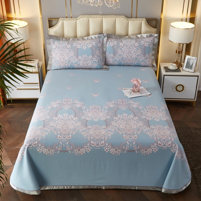 91家纺网 家纺一手货源 找家纺 威克凯丽 2025新款活性印花款纯竹纤维软凉席三件套 轻诗漫语-兰