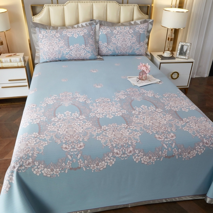 91家纺网 家纺一手货源 找家纺 威克凯丽 2025新款活性印花款纯竹纤维软凉席三件套 轻诗漫语-兰