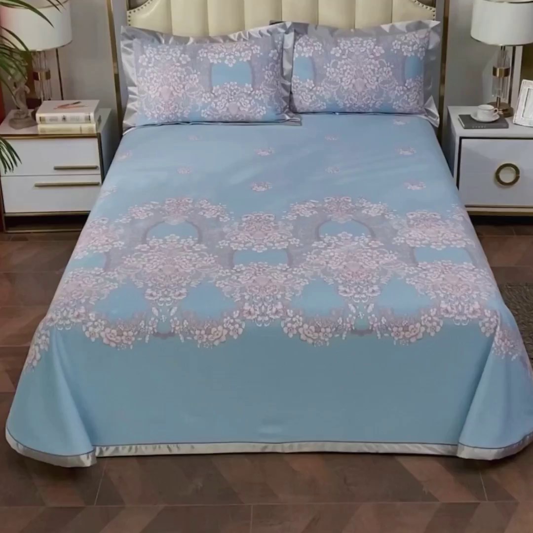 91家纺网 家纺一手货源 找家纺 威克凯丽 2025新款活性印花款纯竹纤维软凉席三件套 轻诗漫语-兰