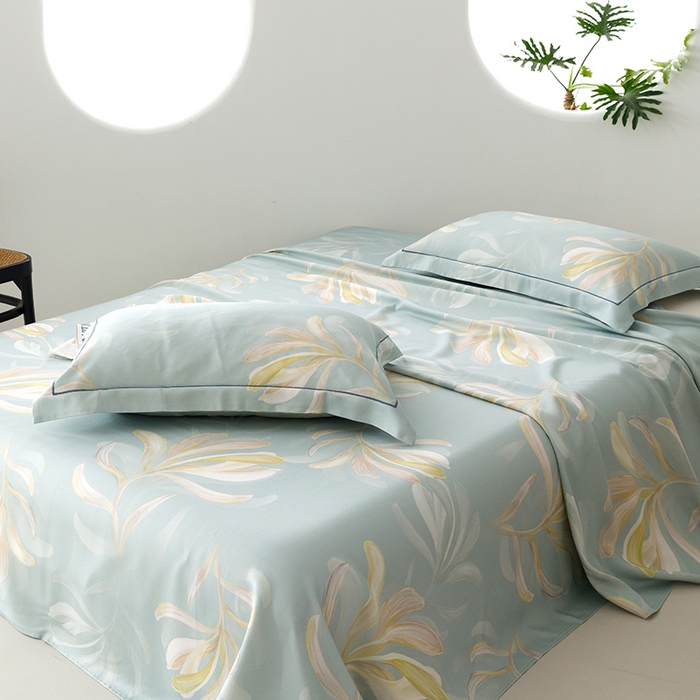 91家纺网 家纺一手货源 找家纺 威克凯丽 2025新款活性印花款纯竹纤维软凉席三件套 生机勃勃-兰