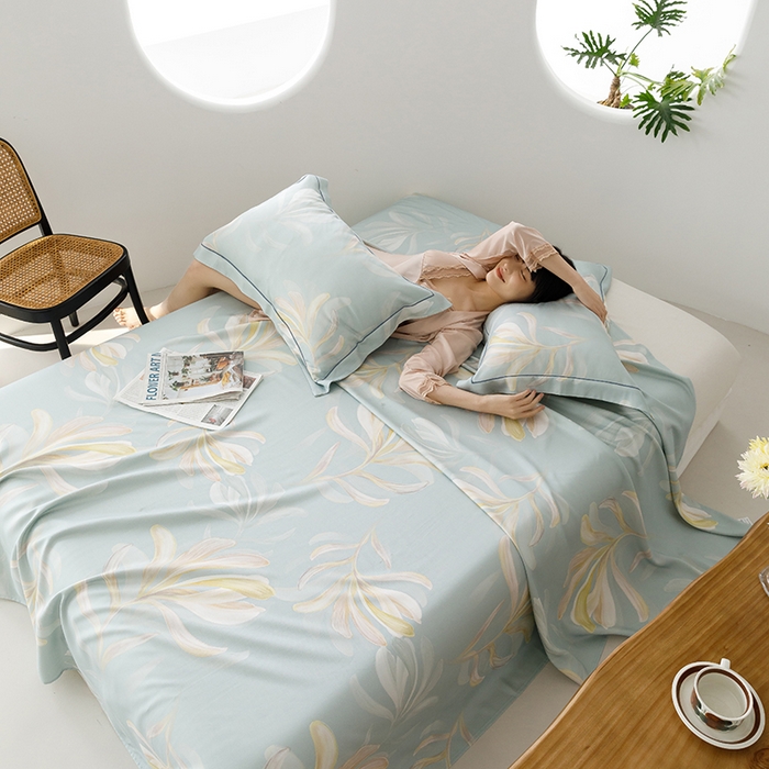 91家纺网 家纺一手货源 找家纺 威克凯丽 2025新款活性印花款纯竹纤维软凉席三件套 生机勃勃-兰