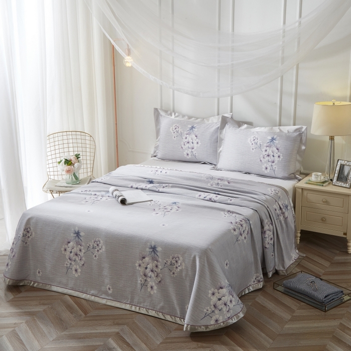 91家纺网 家纺一手货源 找家纺 威克凯丽 2025新款活性印花款纯竹纤维软凉席三件套 婉玲