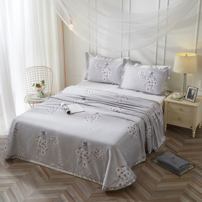 91家纺网 家纺一手货源 找家纺 威克凯丽 2025新款活性印花款纯竹纤维软凉席三件套 婉玲