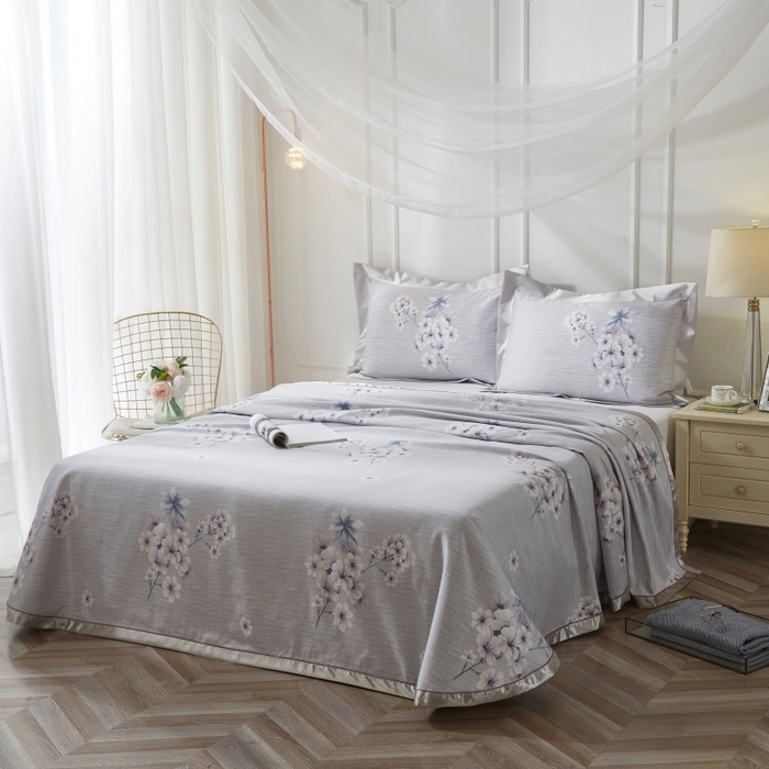 91家纺网 家纺一手货源 找家纺 威克凯丽 2025新款活性印花款纯竹纤维软凉席三件套 婉玲