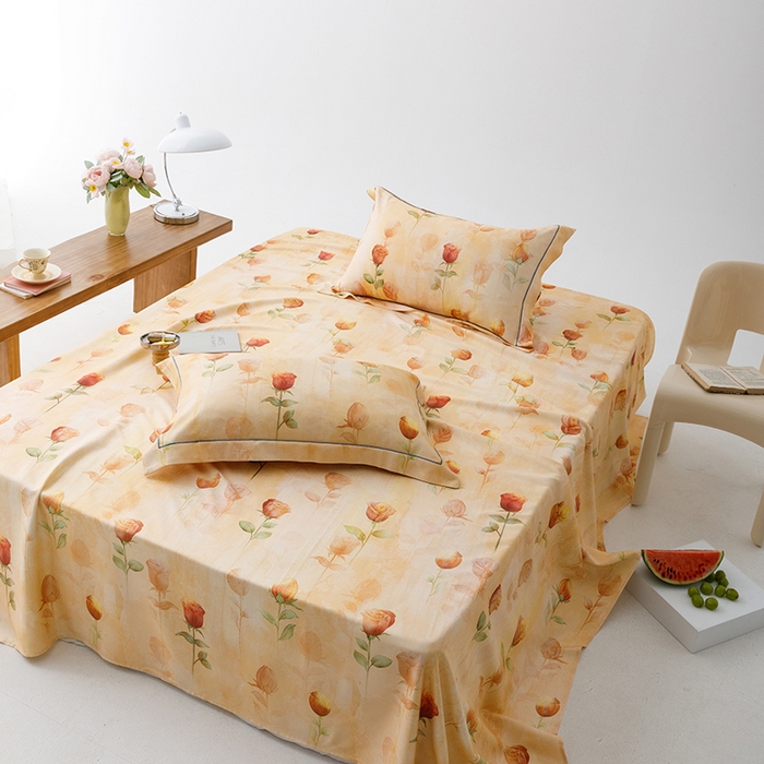 91家纺网 家纺一手货源 找家纺 威克凯丽 2025新款活性印花款纯竹纤维软凉席三件套 雅典花韵-黄