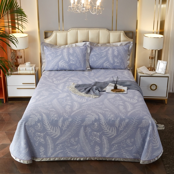 91家纺网 家纺一手货源 找家纺 威克凯丽 2025新款活性印花款纯竹纤维软凉席三件套 叶恵美-蓝