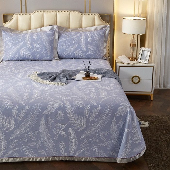 91家纺网 家纺一手货源 找家纺 威克凯丽 2025新款活性印花款纯竹纤维软凉席三件套 叶恵美-蓝