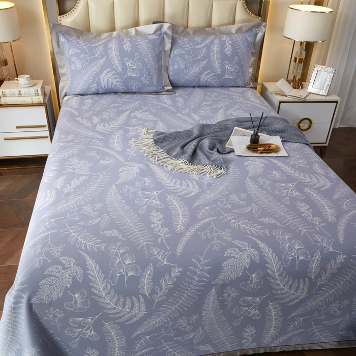 91家纺网 家纺一手货源 找家纺 威克凯丽 2025新款活性印花款纯竹纤维软凉席三件套 叶恵美-蓝